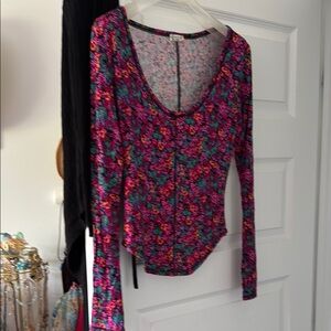 Free People Red and Pink Long Sleeve Fitted Bodysuit